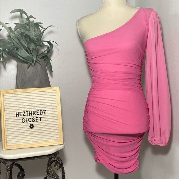 Hello Molly Party It Up Pink Bodycon One Shoulder Dress - Picture 1 of 10